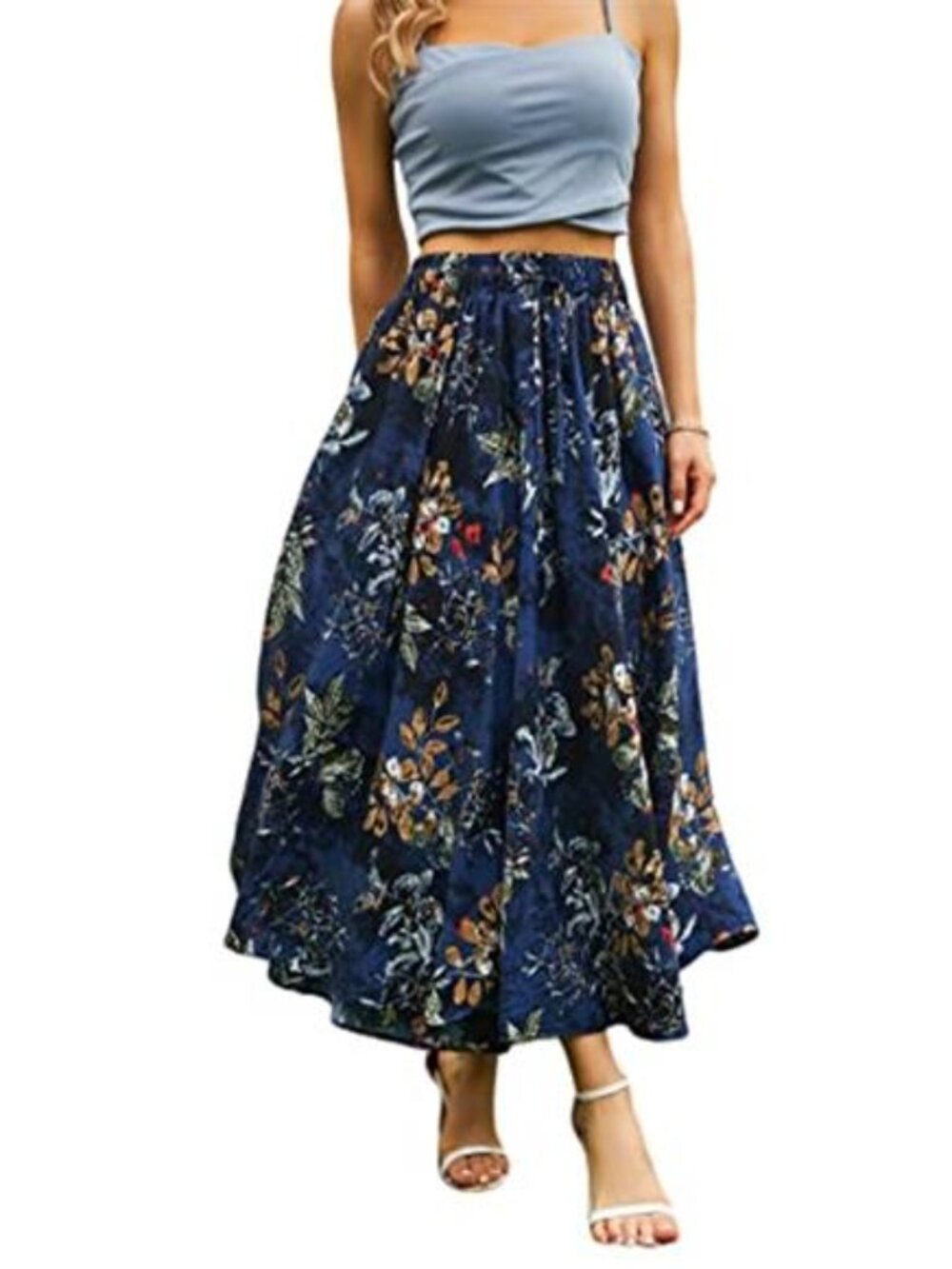 Womens Maxi Skirt Elastic Waist Long Skirt Casual Summer Flowy With Pockets